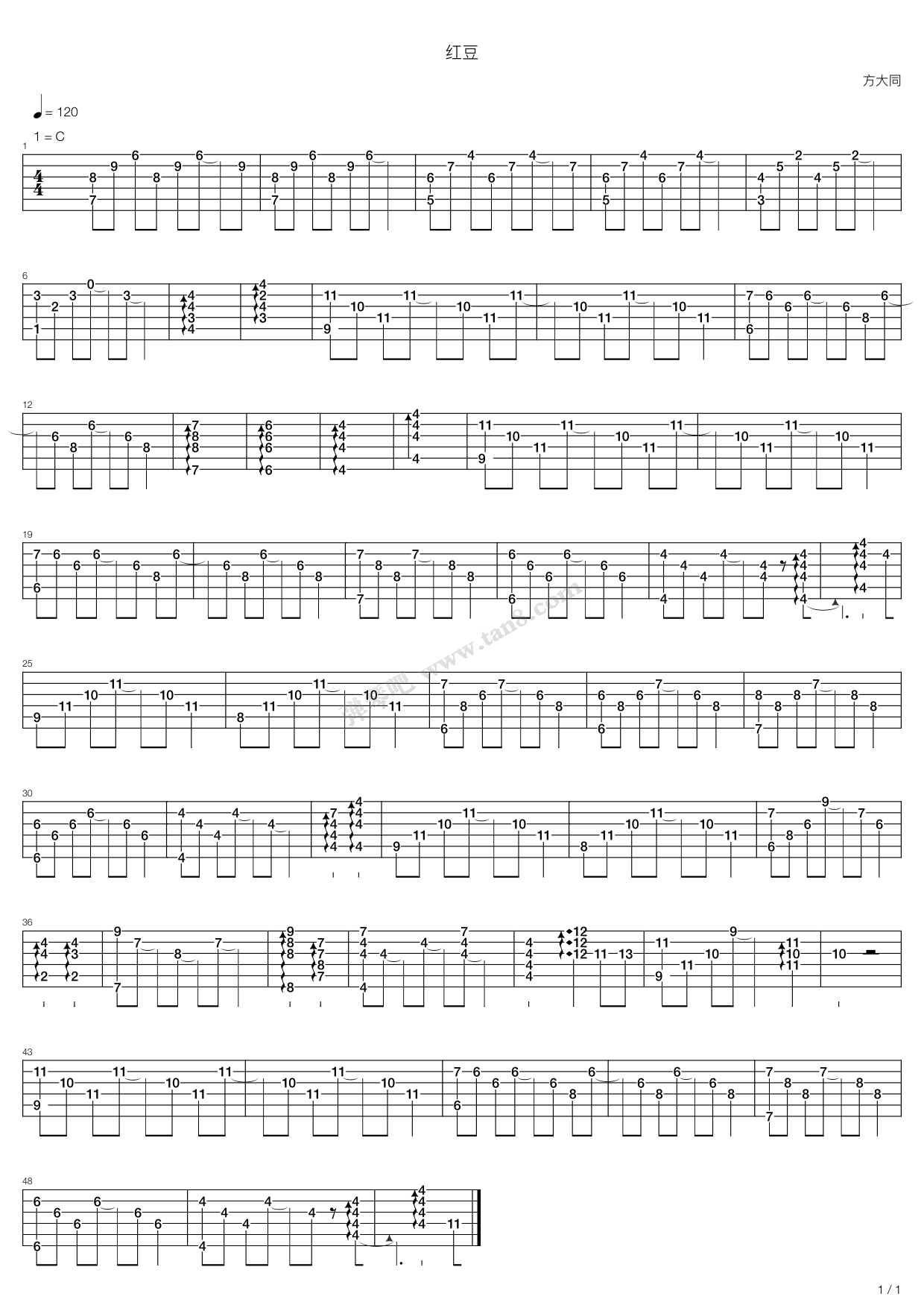 《红豆》吉他谱-C大调音乐网
