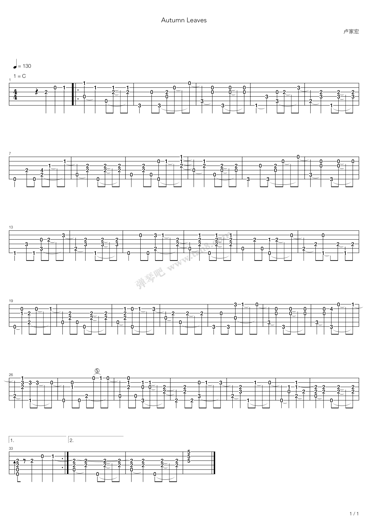 《Autumn Leaves(指弹版，卢家宏）》吉他谱-C大调音乐网