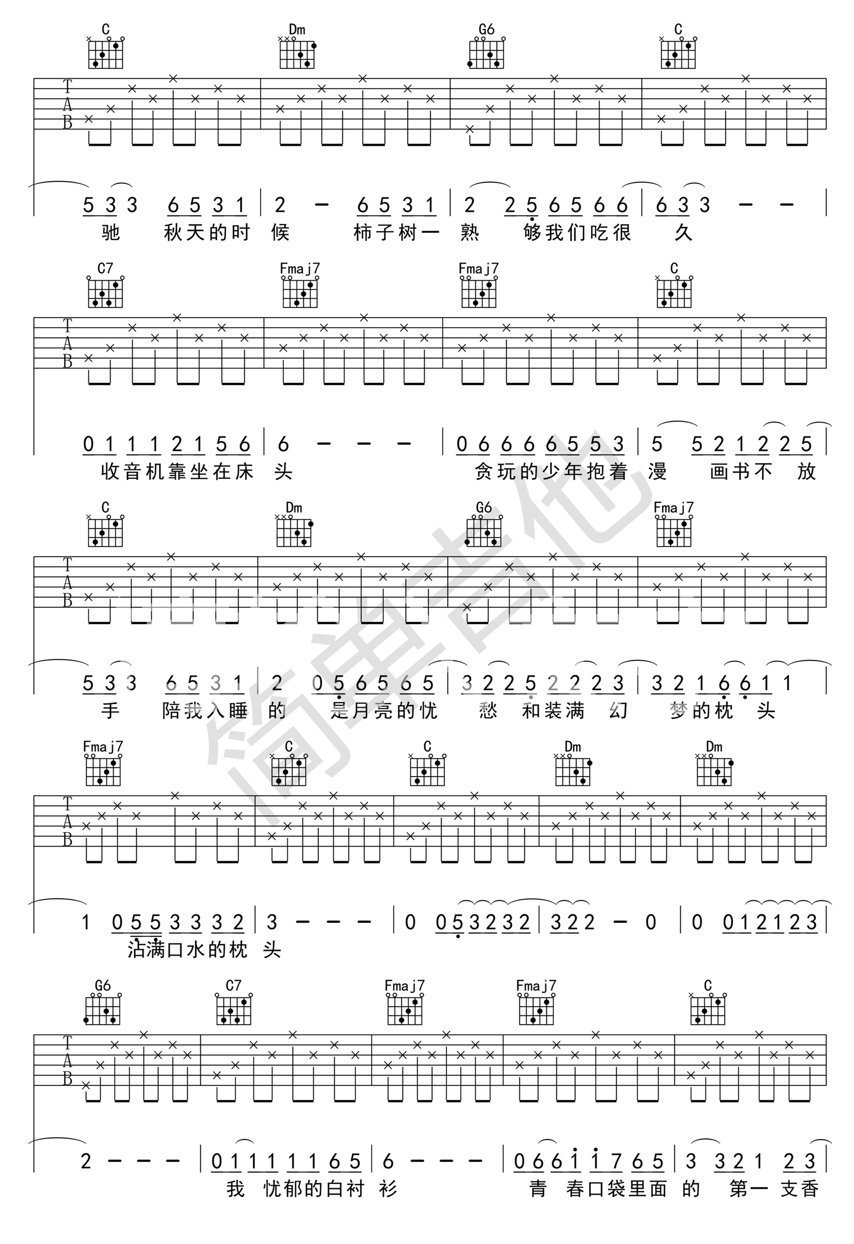 少年锦时吉他谱 赵雷（C调超级简单版）-C大调音乐网