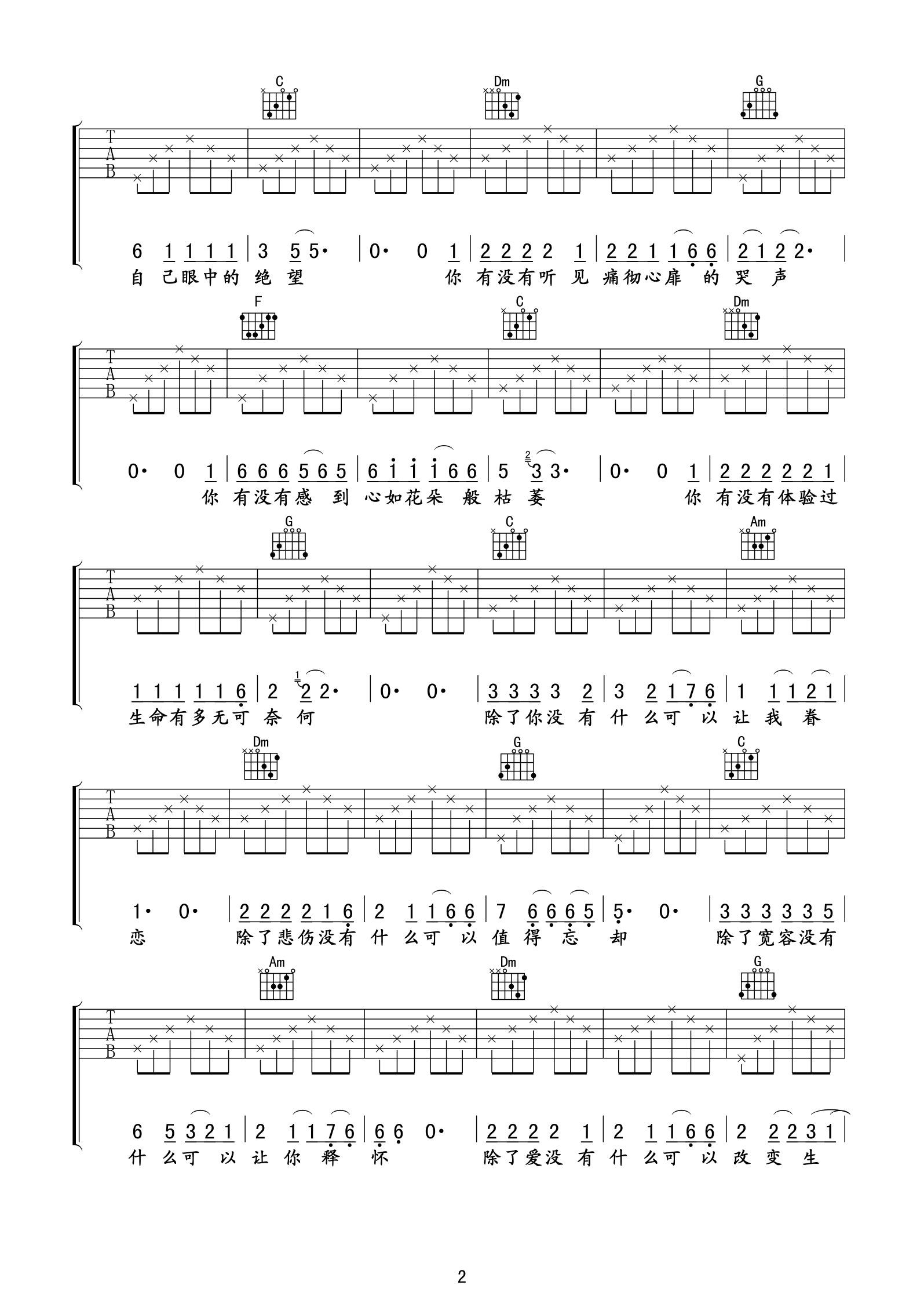 汪峰《硬币》吉他谱 原版谱-C大调音乐网