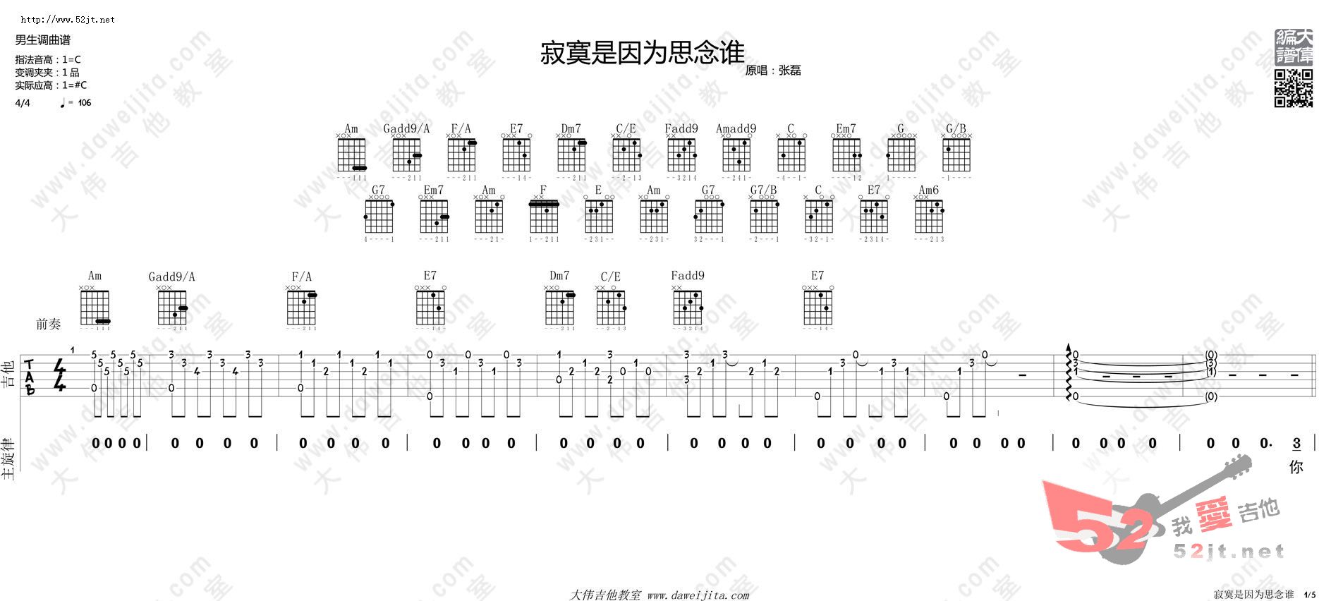 《寂寞是因为思念谁 张磊演唱吉他谱视频》吉他谱-C大调音乐网