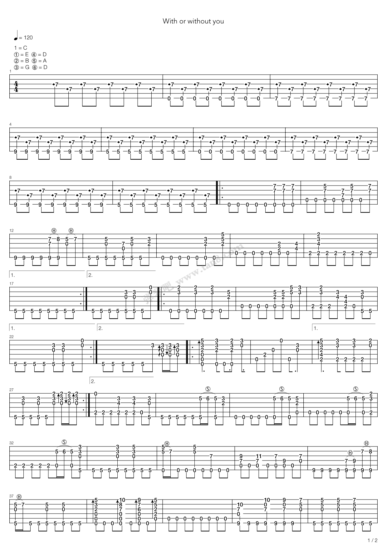 《With Or Without You》吉他谱-C大调音乐网