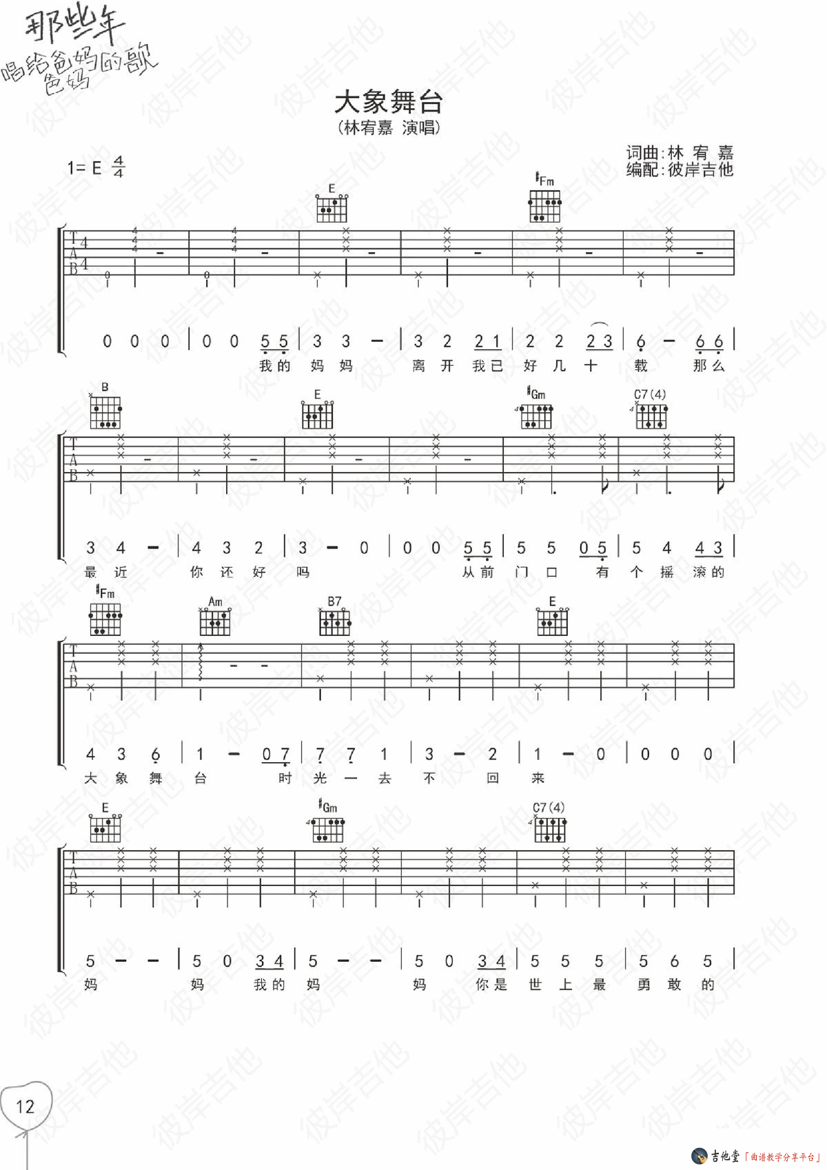 《林宥嘉《大象舞台》吉他谱_唱给爸妈的歌》吉他谱-C大调音乐网