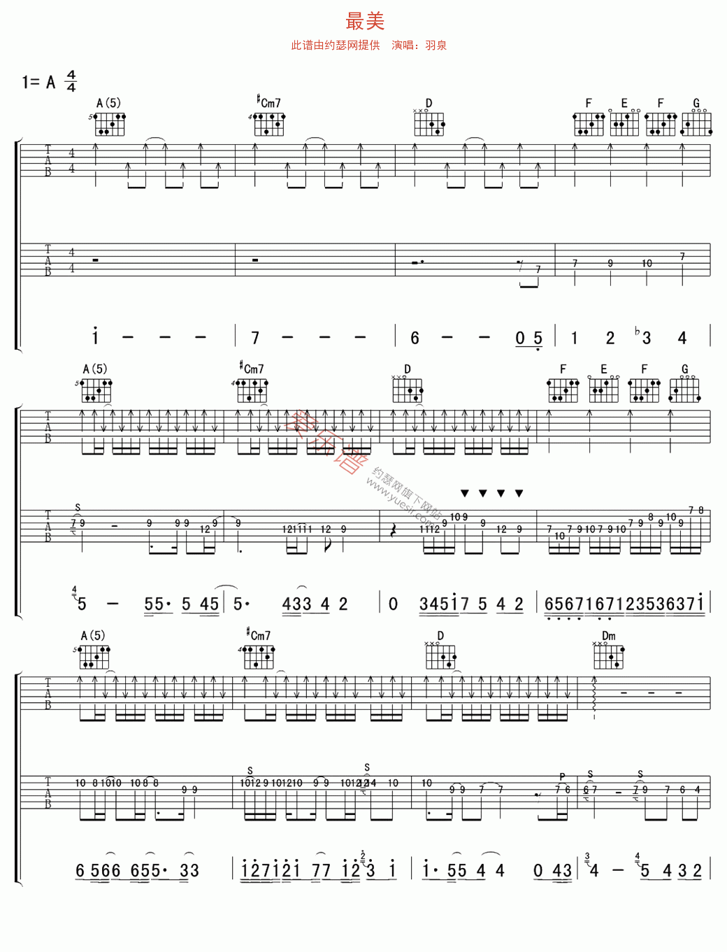 《羽泉《最美》》吉他谱-C大调音乐网