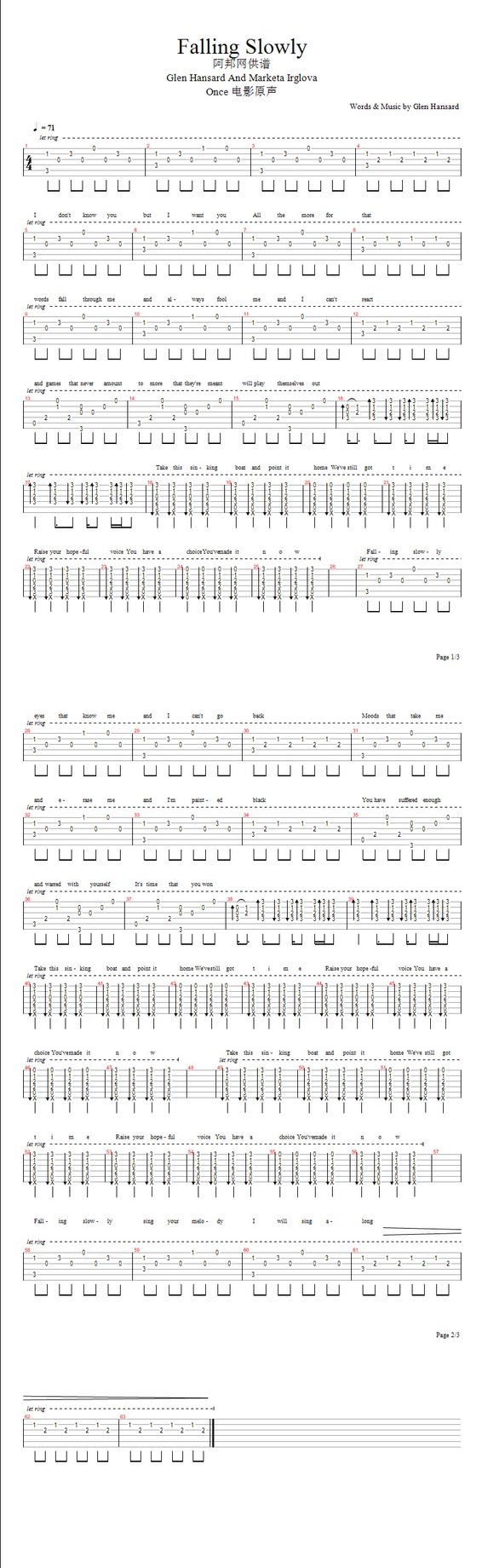 《falling slowly 电影Once插曲》吉他谱-C大调音乐网