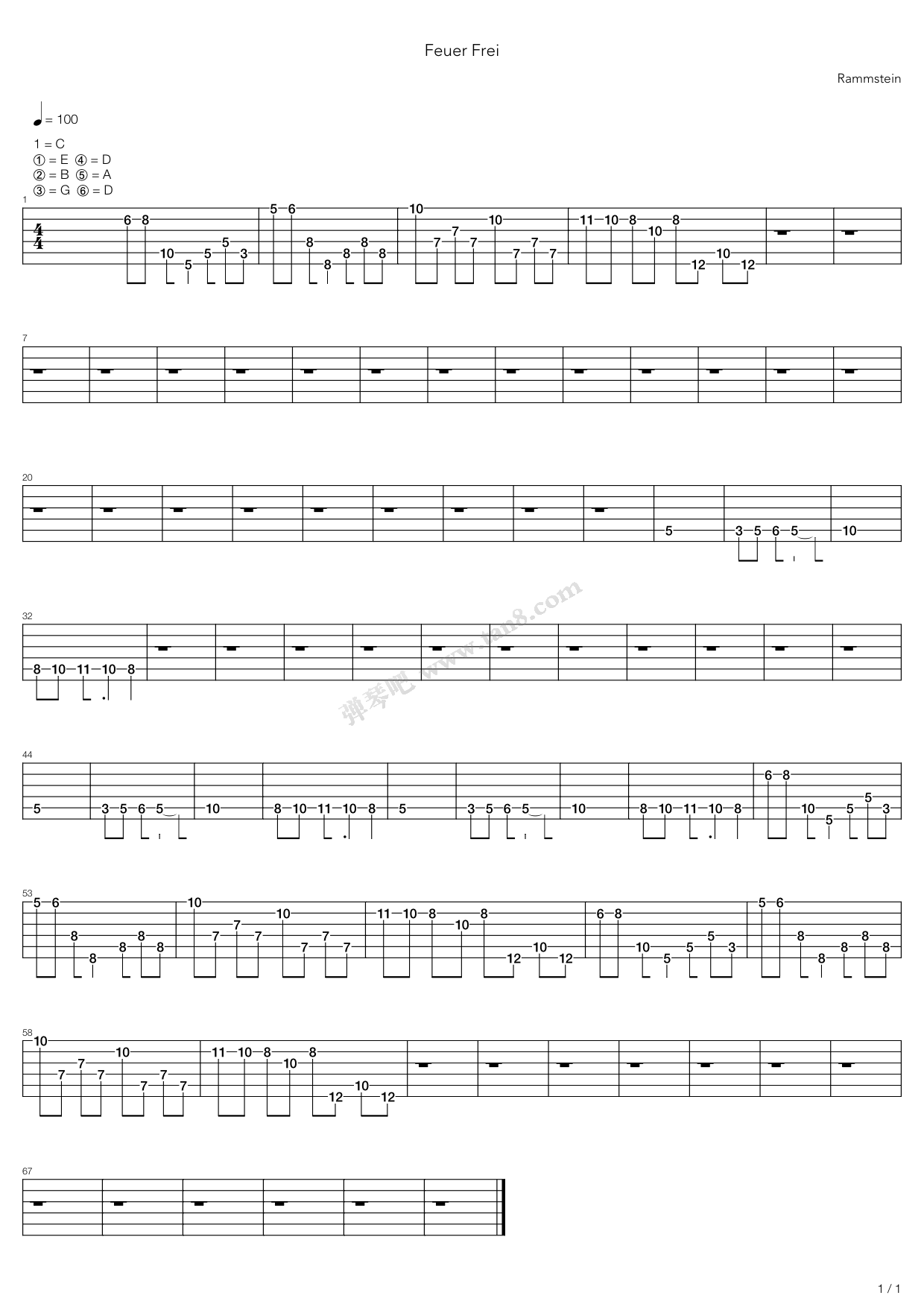 《Feuer Frei》吉他谱-C大调音乐网