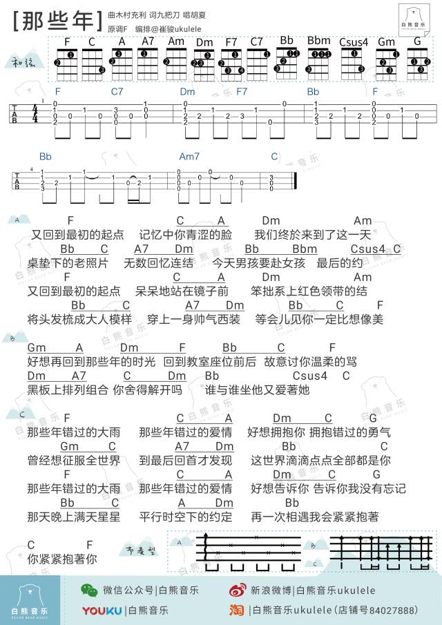 【接近原曲】《那些年》尤克里里曲谱弹唱教学（胡夏）白熊音乐-C大调音乐网