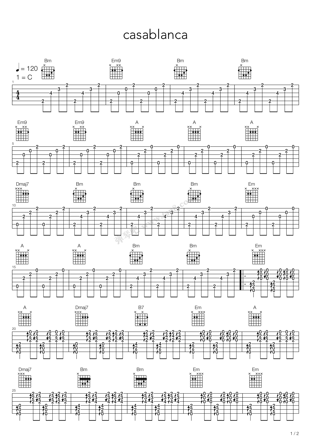 《Casablanca (卡萨布兰卡，指弹谱）》吉他谱-C大调音乐网