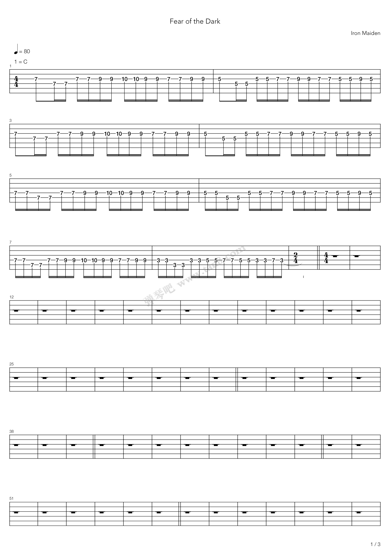 《Fear Of The Dark》吉他谱-C大调音乐网