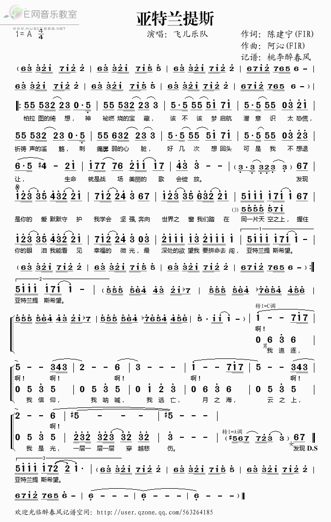 《亚特兰提斯——飞儿乐队（简谱）》吉他谱-C大调音乐网