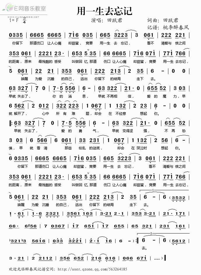 《用一生去忘记——田跃君（简谱）》吉他谱-C大调音乐网