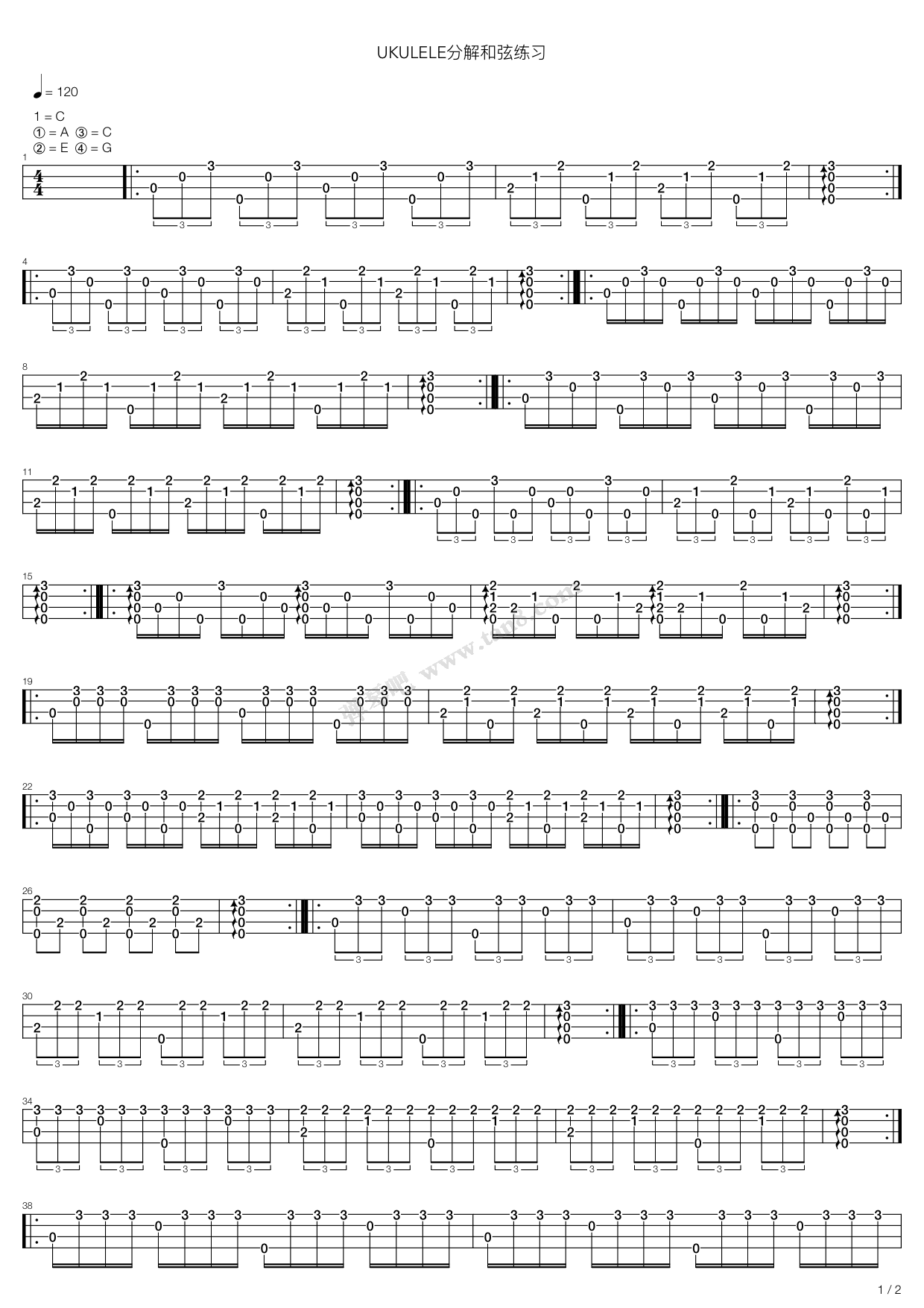 《UKULELE尤克里里分解和弦练习》吉他谱-C大调音乐网