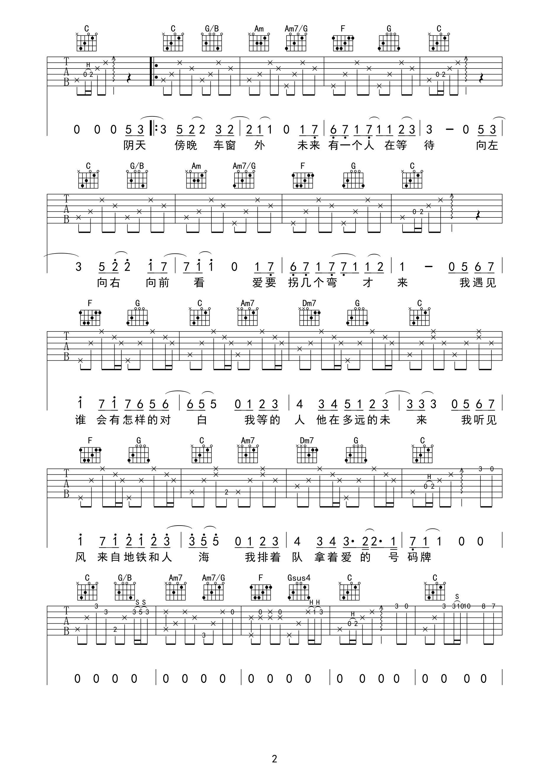 《遇见》吉他谱 孙燕姿 C调编配高清吉他弹唱谱-C大调音乐网