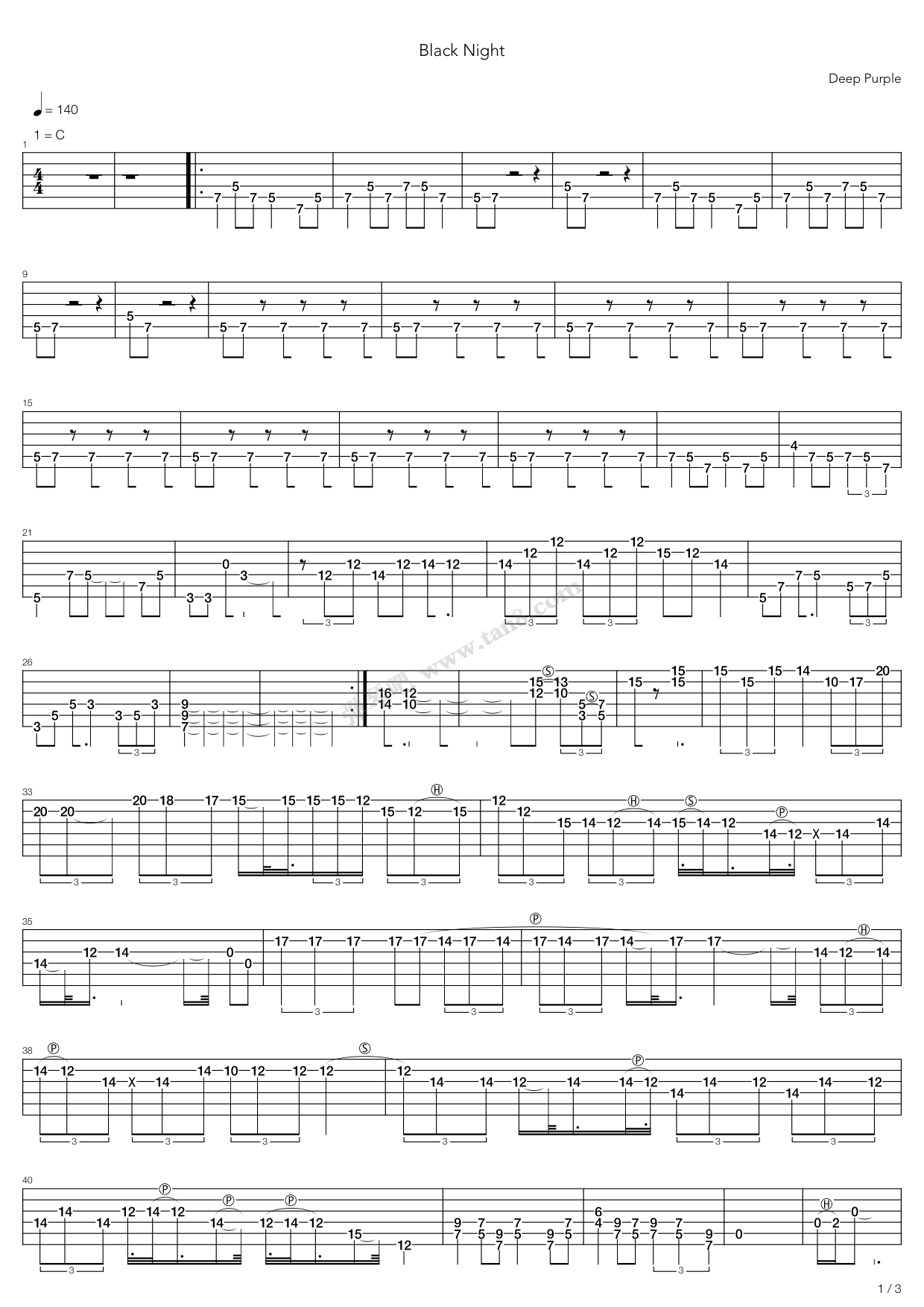 《Black Night》吉他谱-C大调音乐网