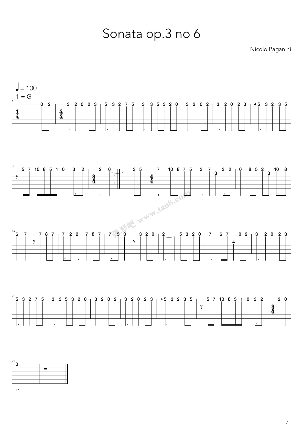 《Sonata Op3 No 6(奏鸣曲)》吉他谱-C大调音乐网