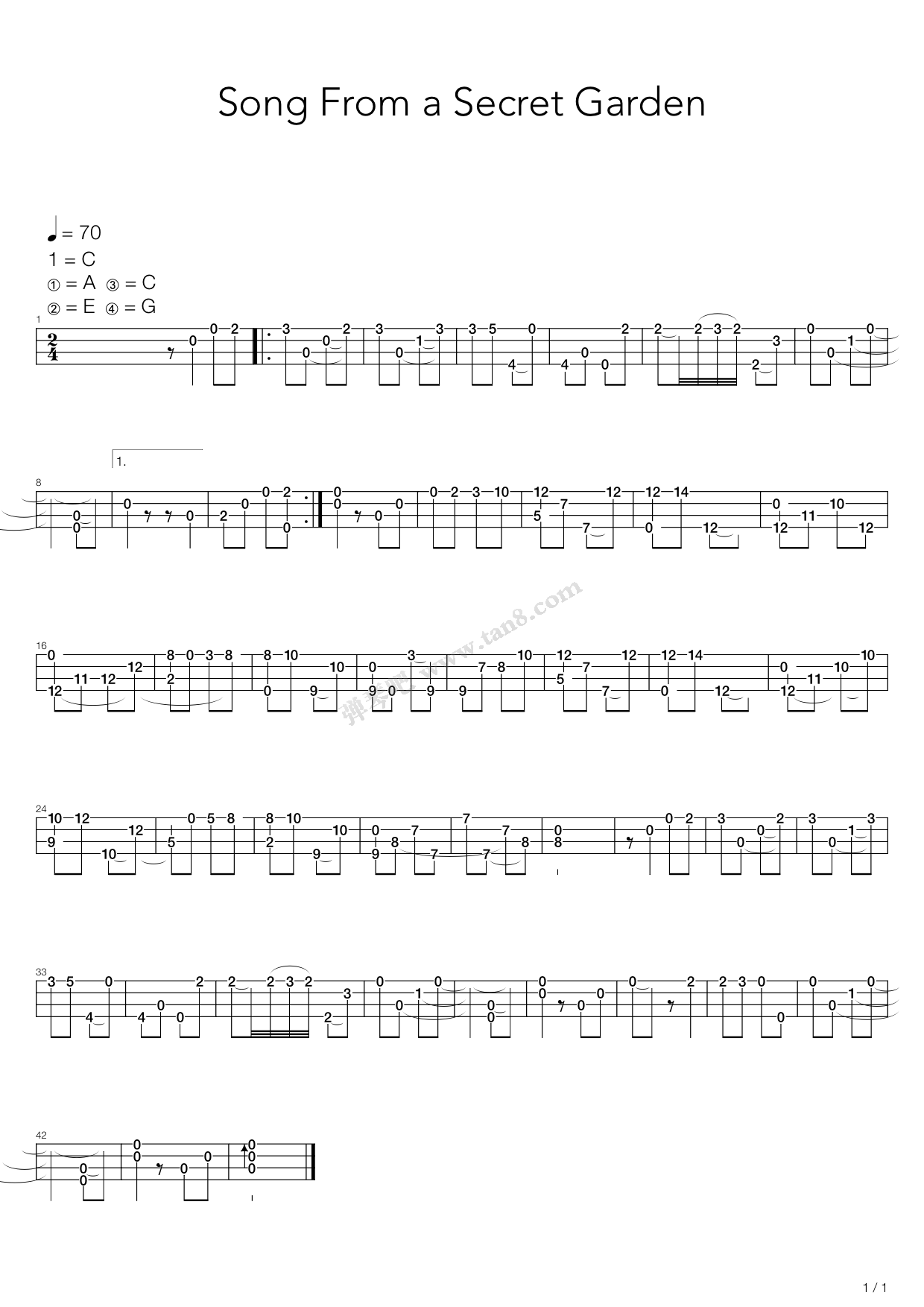《Song From A Secret Garden(神秘园之歌)》吉他谱-C大调音乐网