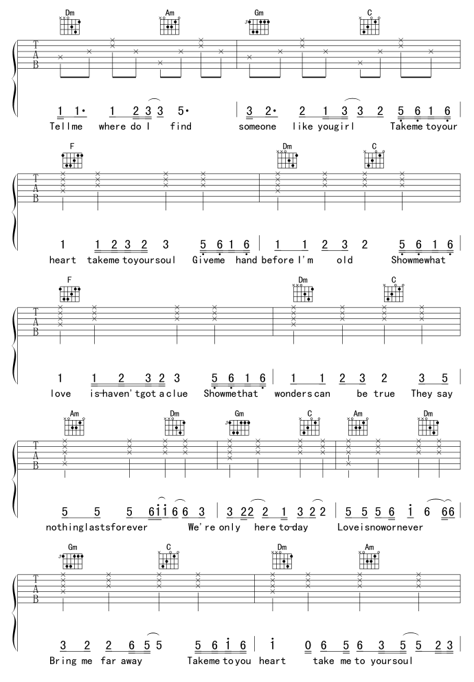 《Take me to your heart 吻别英文版》吉他谱-C大调音乐网