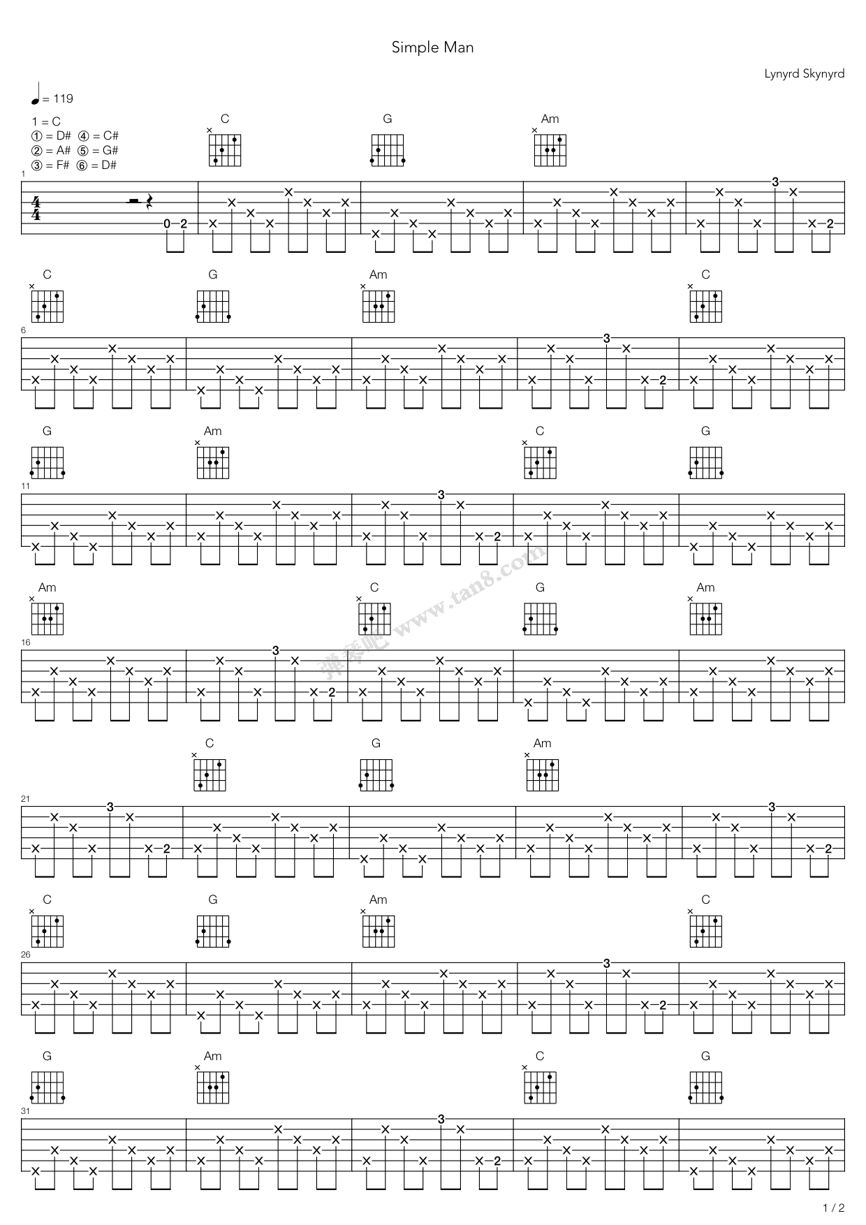 《Simple Man》吉他谱-C大调音乐网