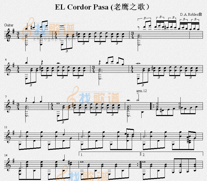 《EL Cordor Pasa (老鹰之歌） 吉他独奏谱（五线谱）》吉他谱-C大调音乐网