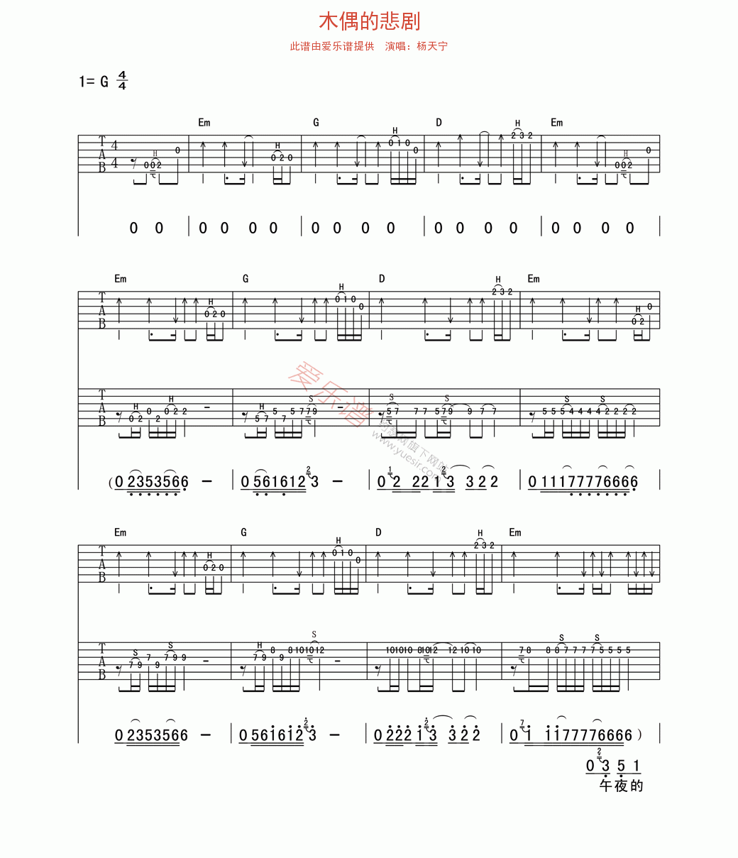《杨天宁《木偶的悲剧》》吉他谱-C大调音乐网