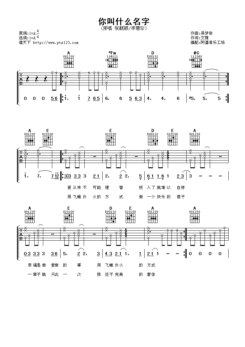 张靓颖&李慧珍 你叫什么名字吉他谱-C大调音乐网