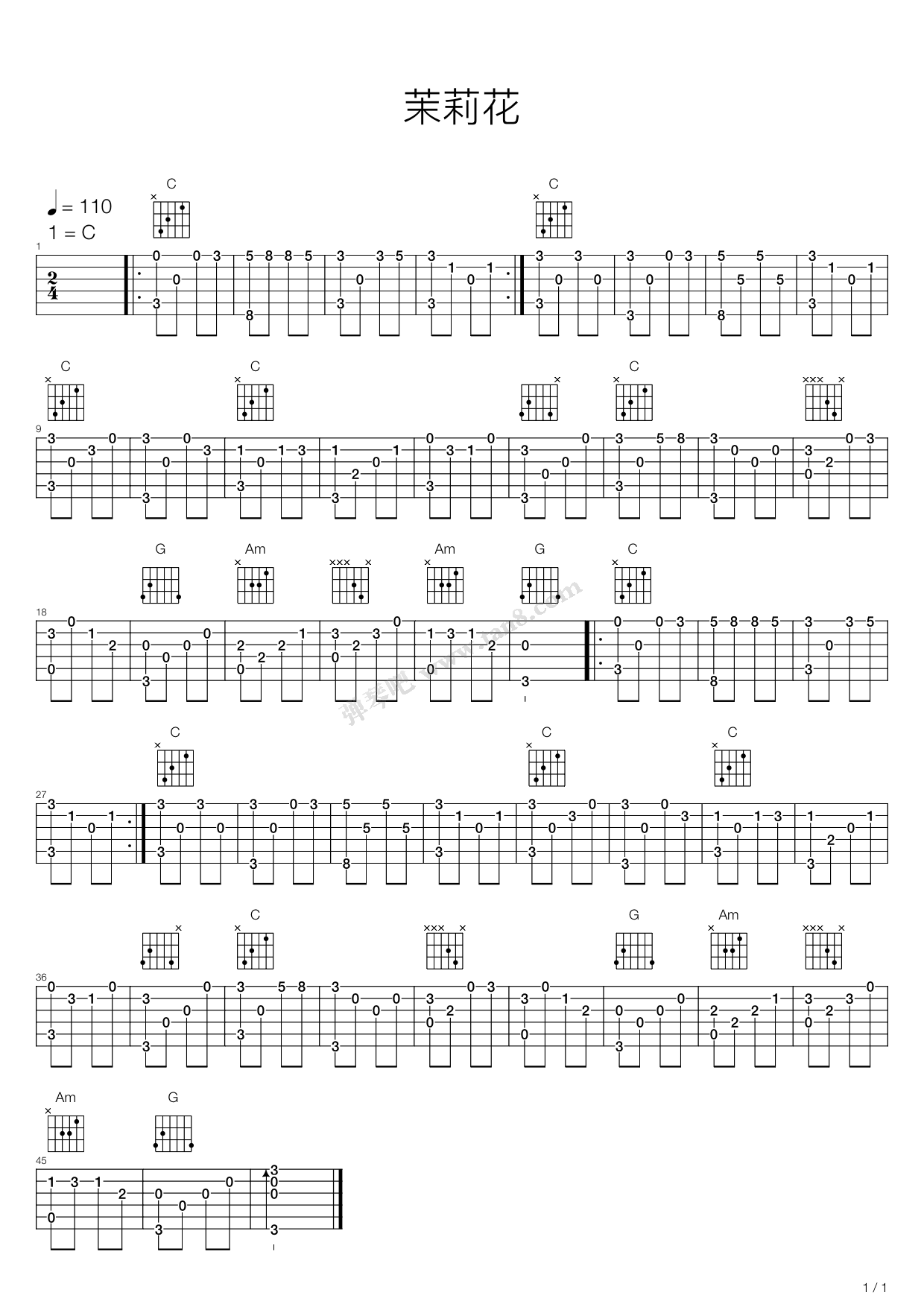 《茉莉花》吉他谱-C大调音乐网