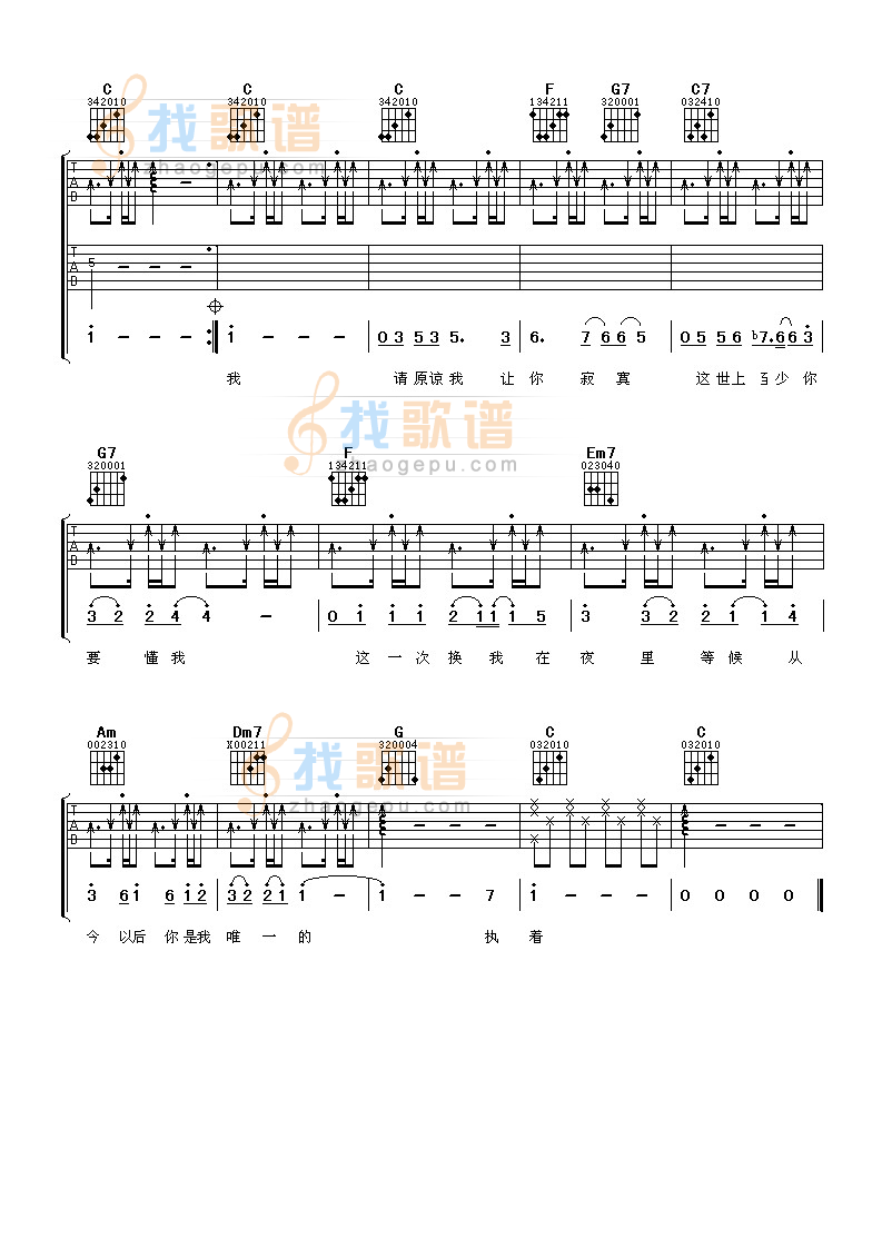 《你是我唯一的执着》吉他谱-C大调音乐网