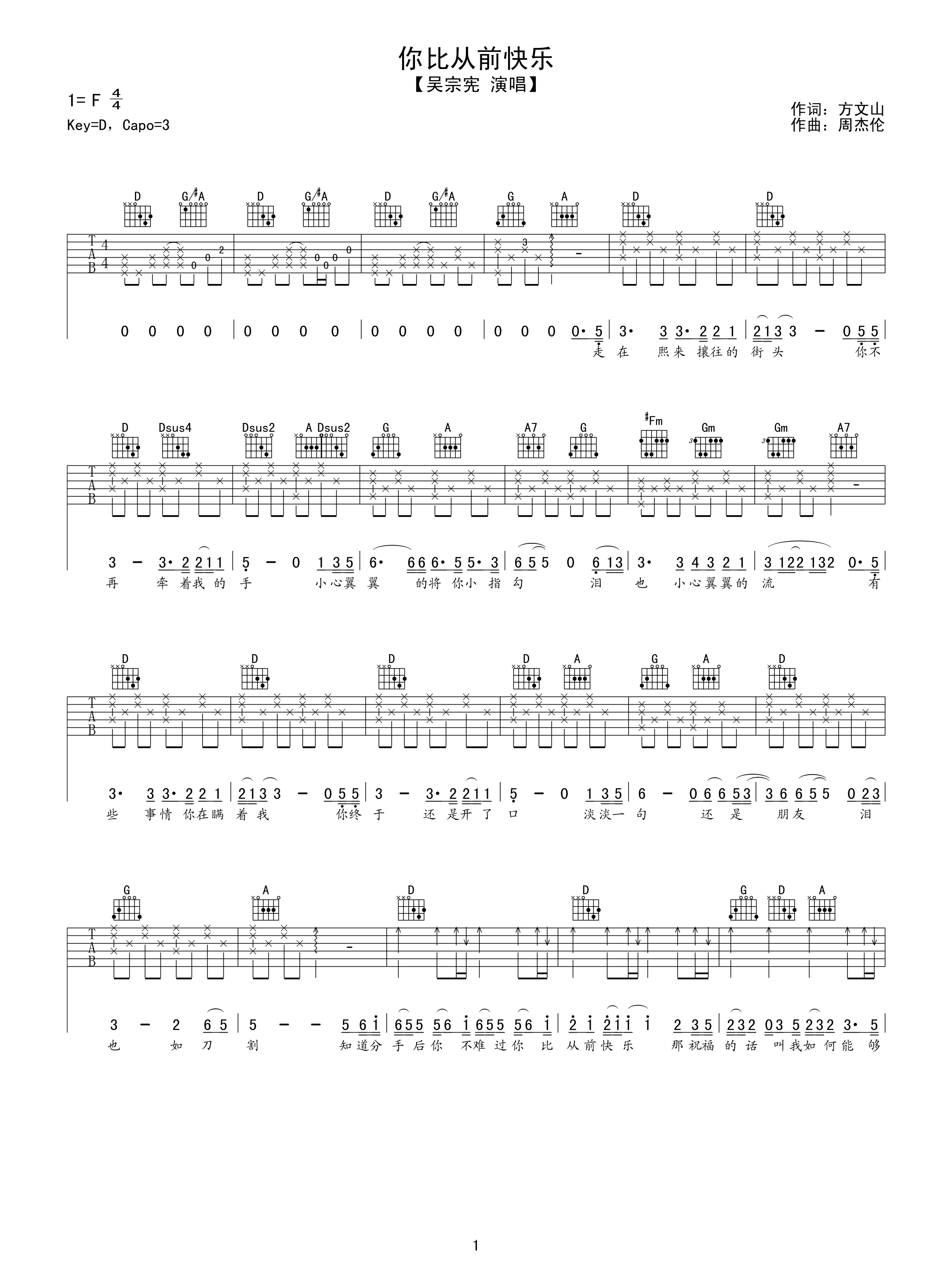 吴宗宪 你比从前快乐吉他谱-C大调音乐网