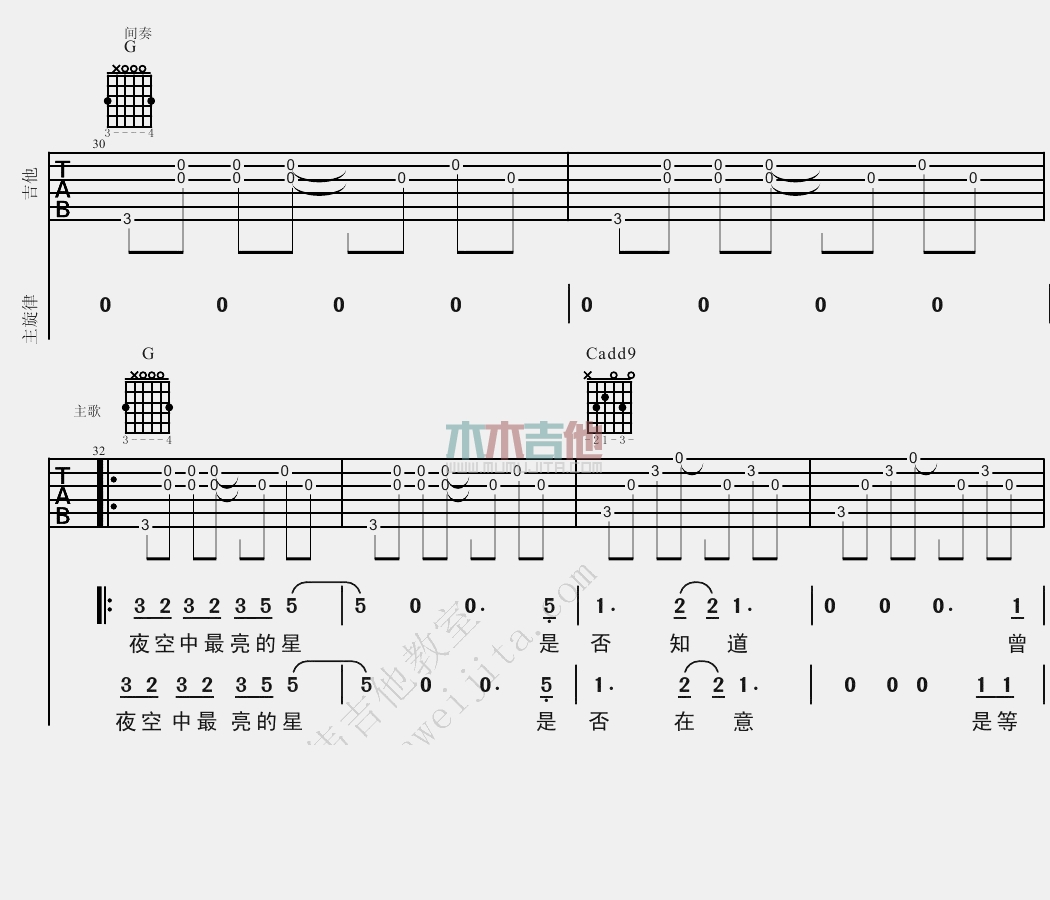 《夜空中最亮的星》吉他谱-C大调音乐网