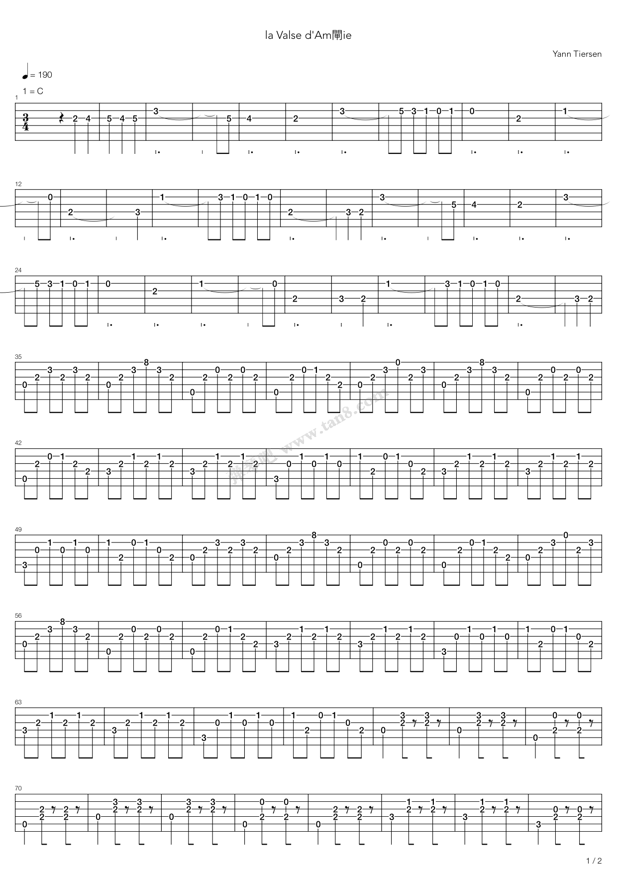 《La Valse d'Amélie(天使爱美丽)》吉他谱-C大调音乐网