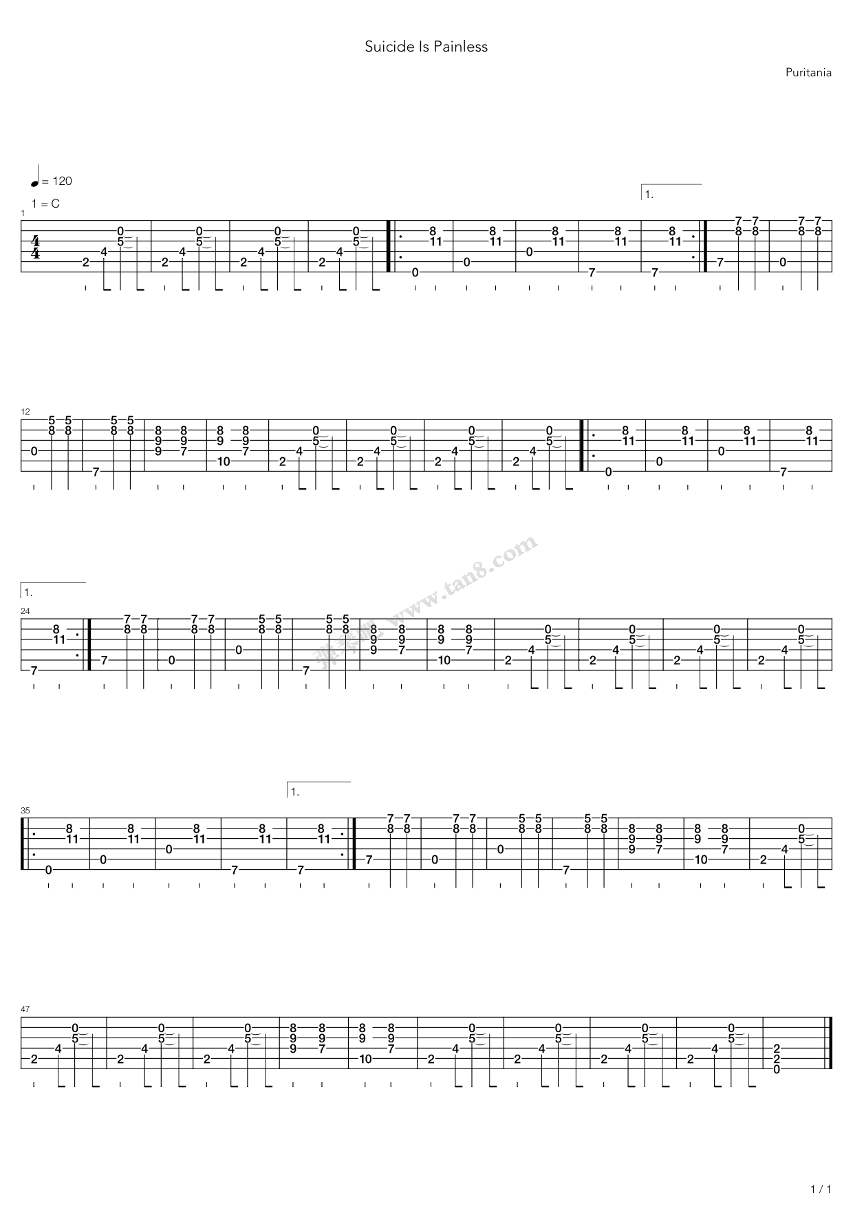 《Suicide Is Painless》吉他谱-C大调音乐网