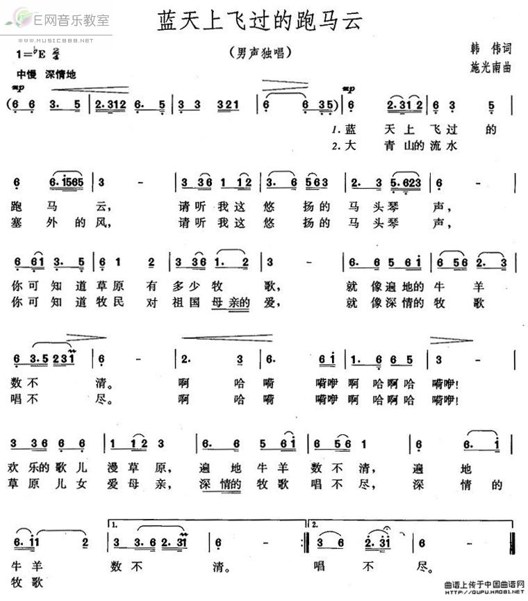 《蓝天上飞过的跑马云-聂建华(简谱)》吉他谱-C大调音乐网