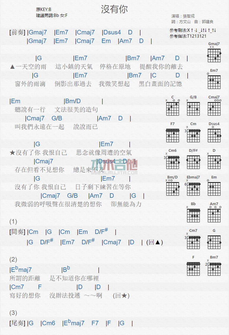 《没有你》吉他谱-C大调音乐网