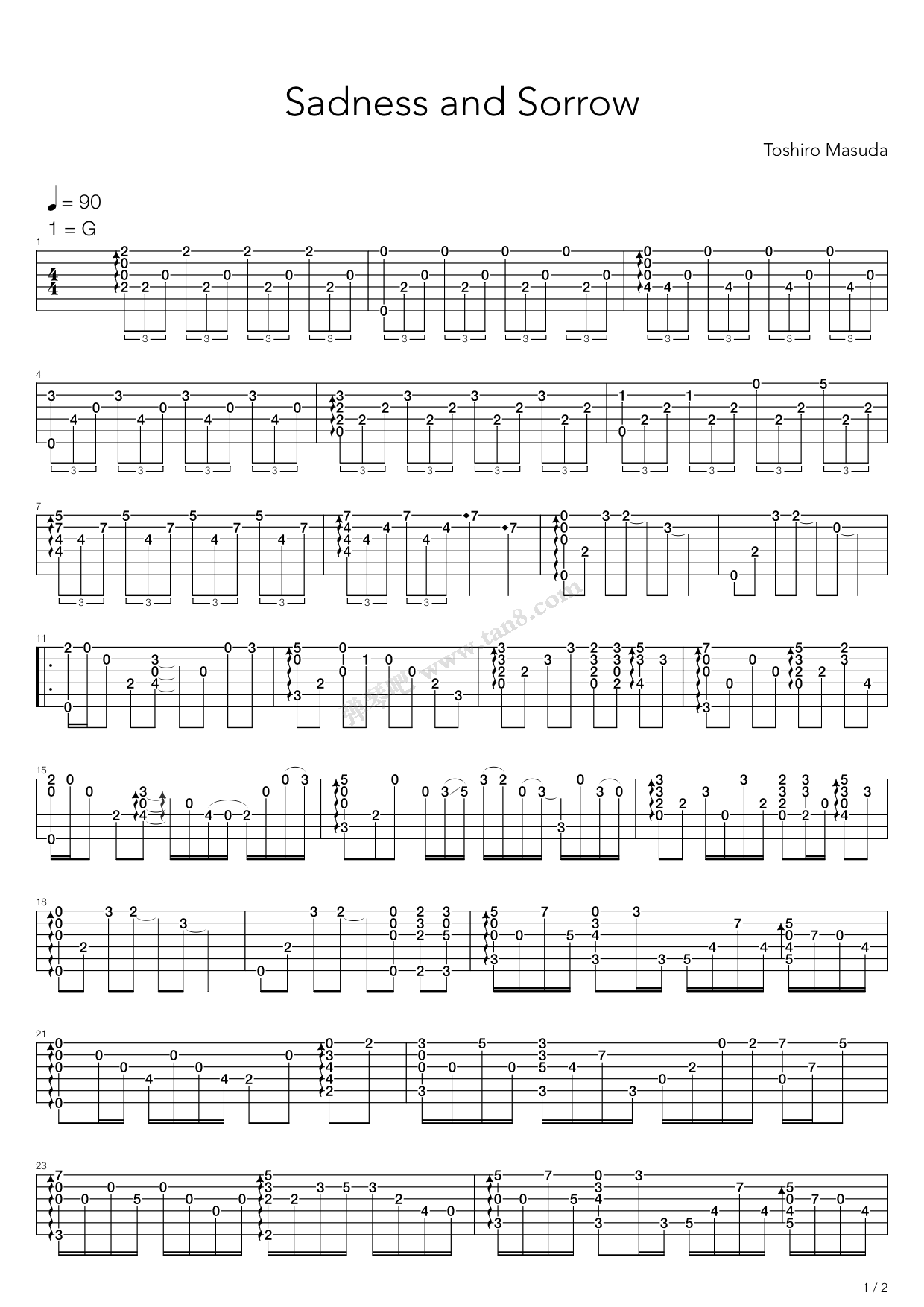 《火影忍者 - Sadness and Sorrow》吉他谱-C大调音乐网