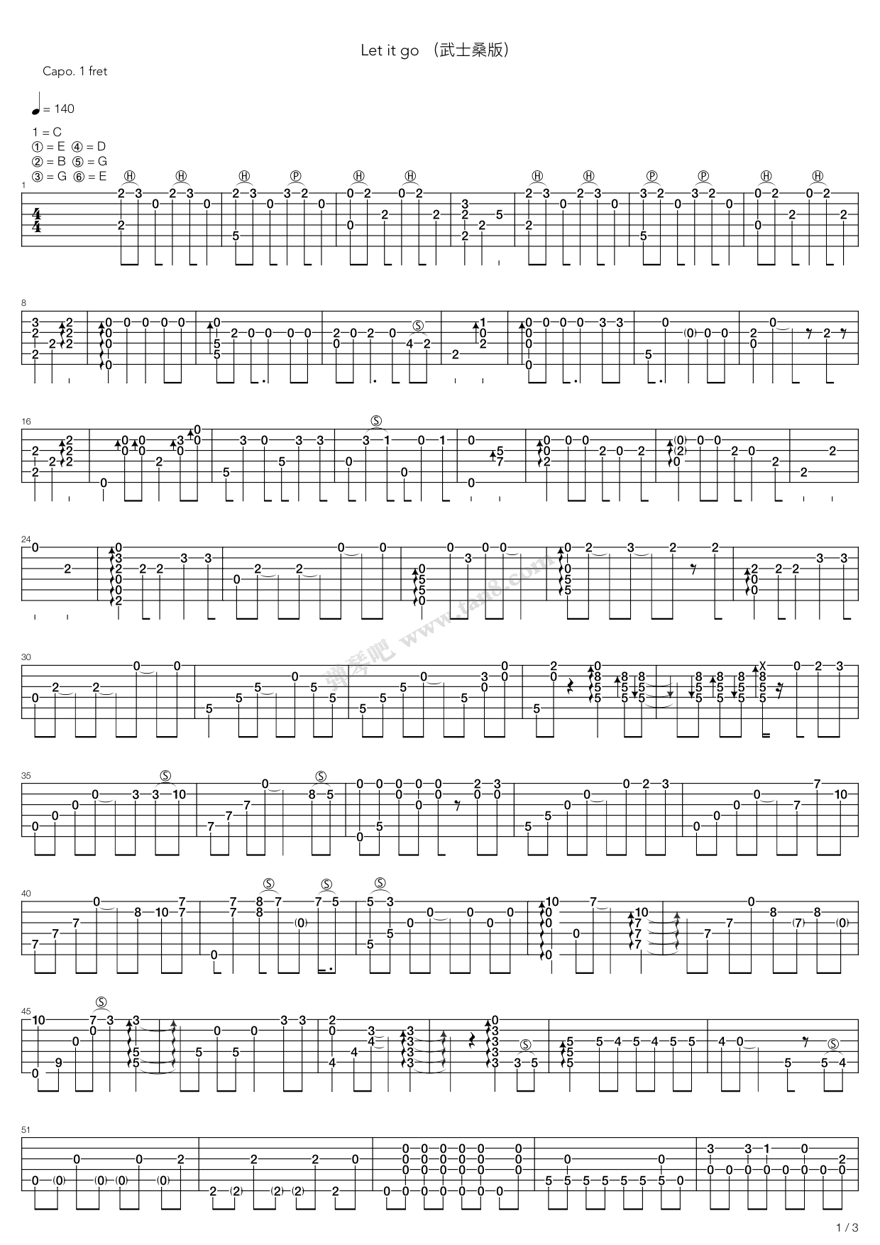 《Let It Go（冰雪奇缘 ，武士桑）》吉他谱-C大调音乐网