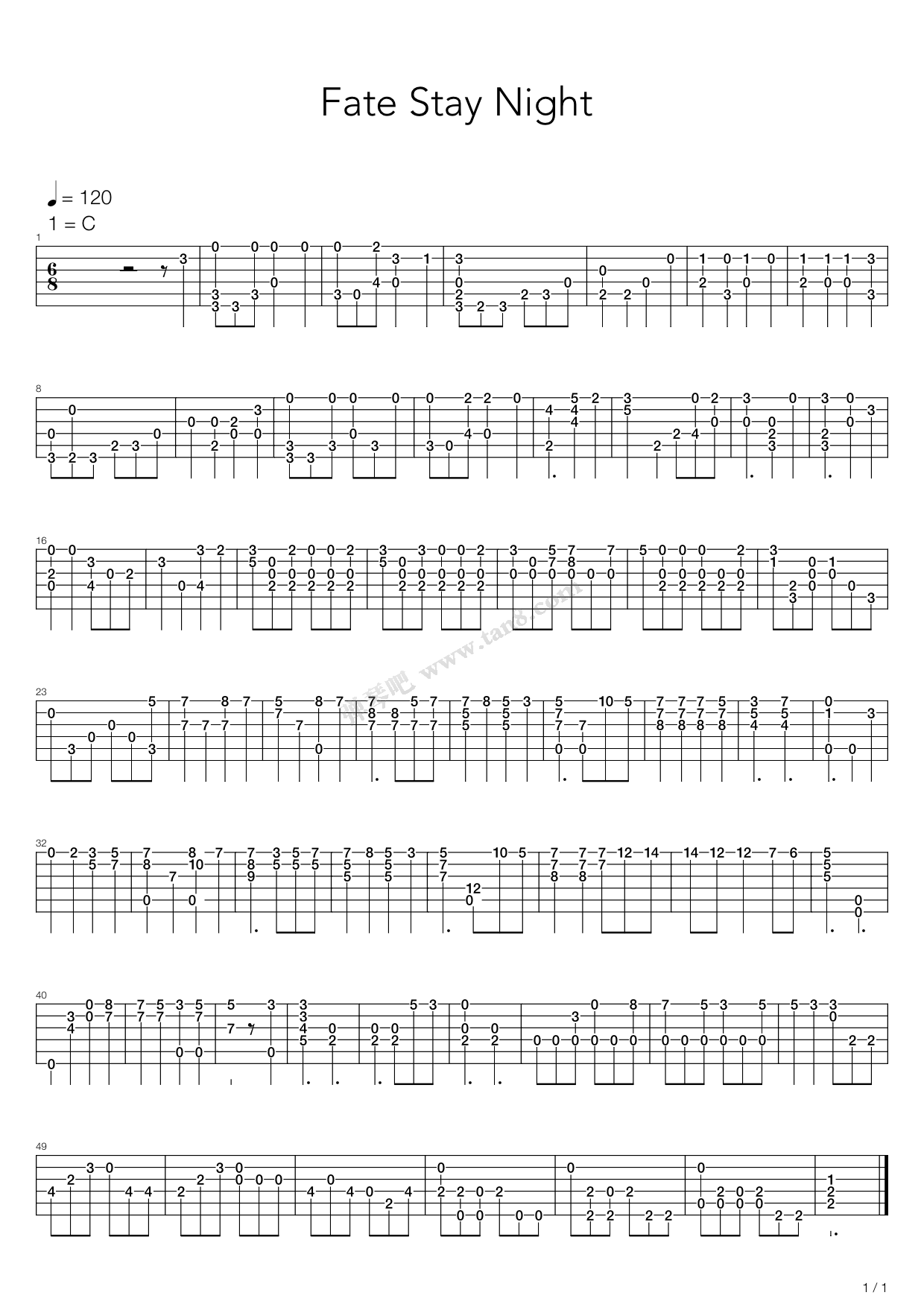 《Fate Stay Night(命运之夜)》吉他谱-C大调音乐网