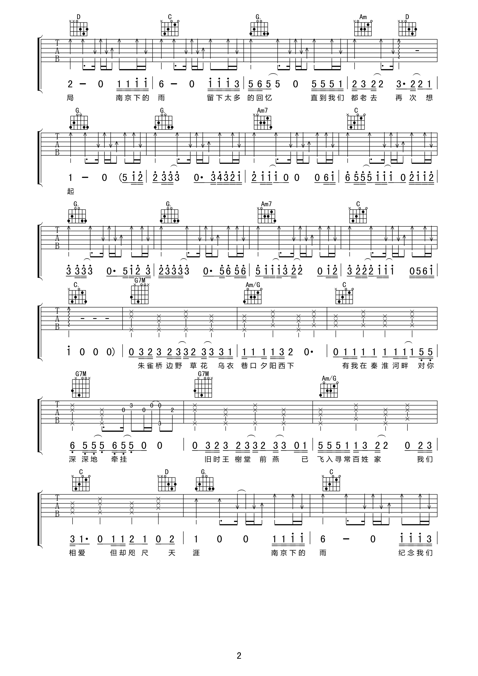 《南京下的雨吉他谱 刘小天 G调高清弹唱谱》吉他谱-C大调音乐网