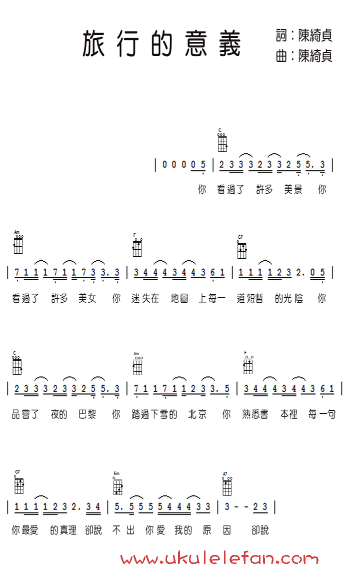 《旅行的意义》尤克里里ukulele谱+右手节奏教学-C大调音乐网