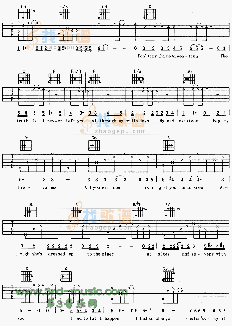 《阿根廷别为我哭泣(《贝隆夫人》主题歌)》吉他谱-C大调音乐网