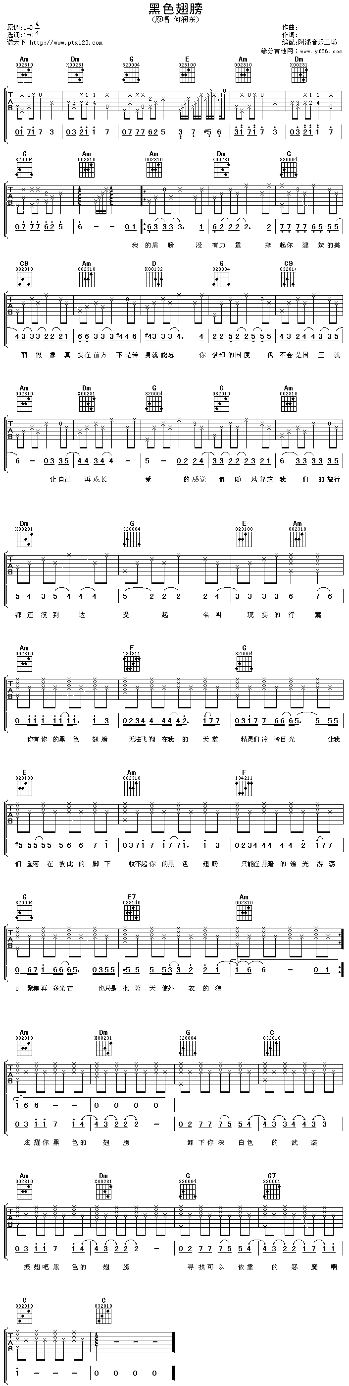 《黑色翅膀》吉他谱-C大调音乐网