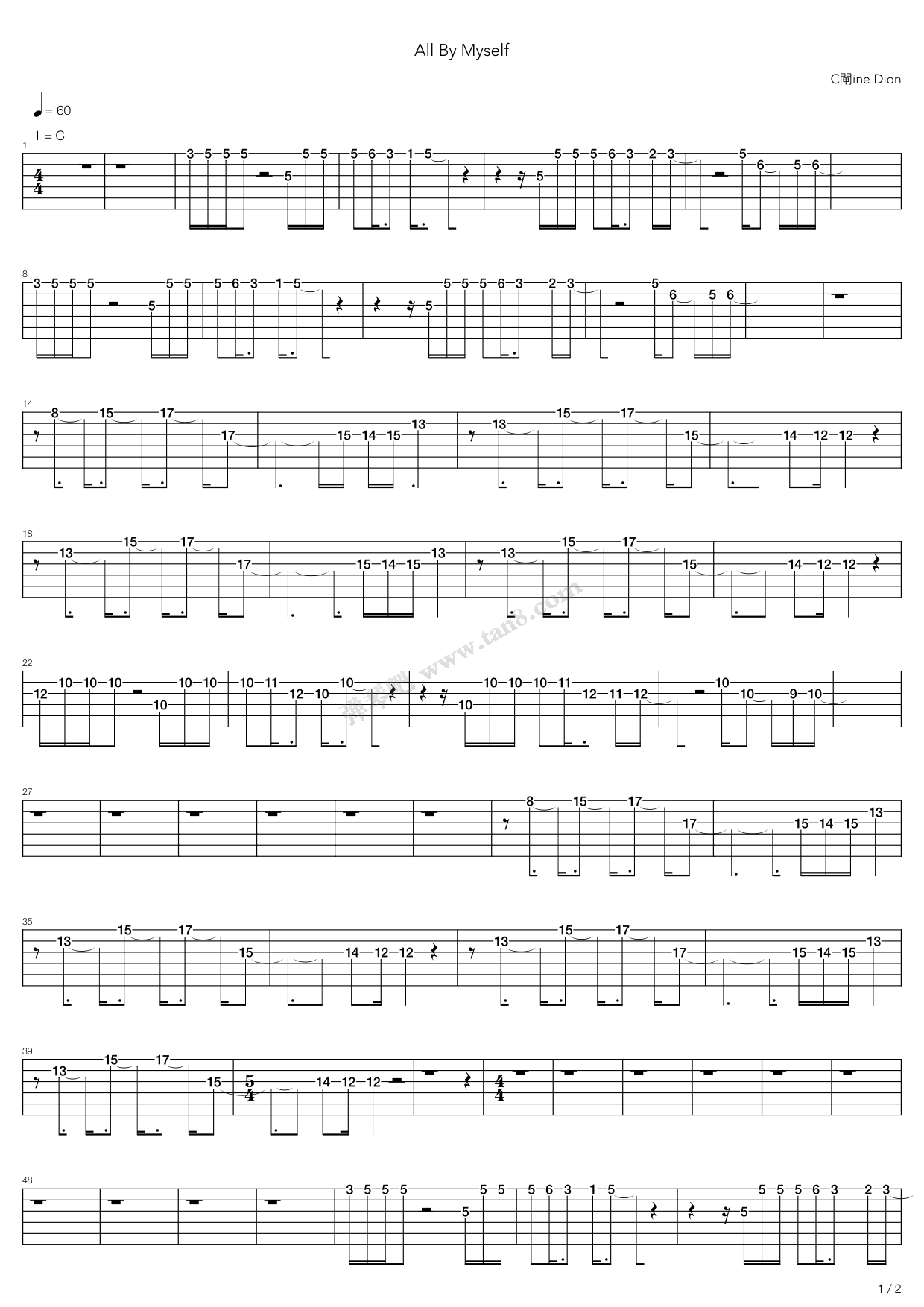 《All By Myself》吉他谱-C大调音乐网