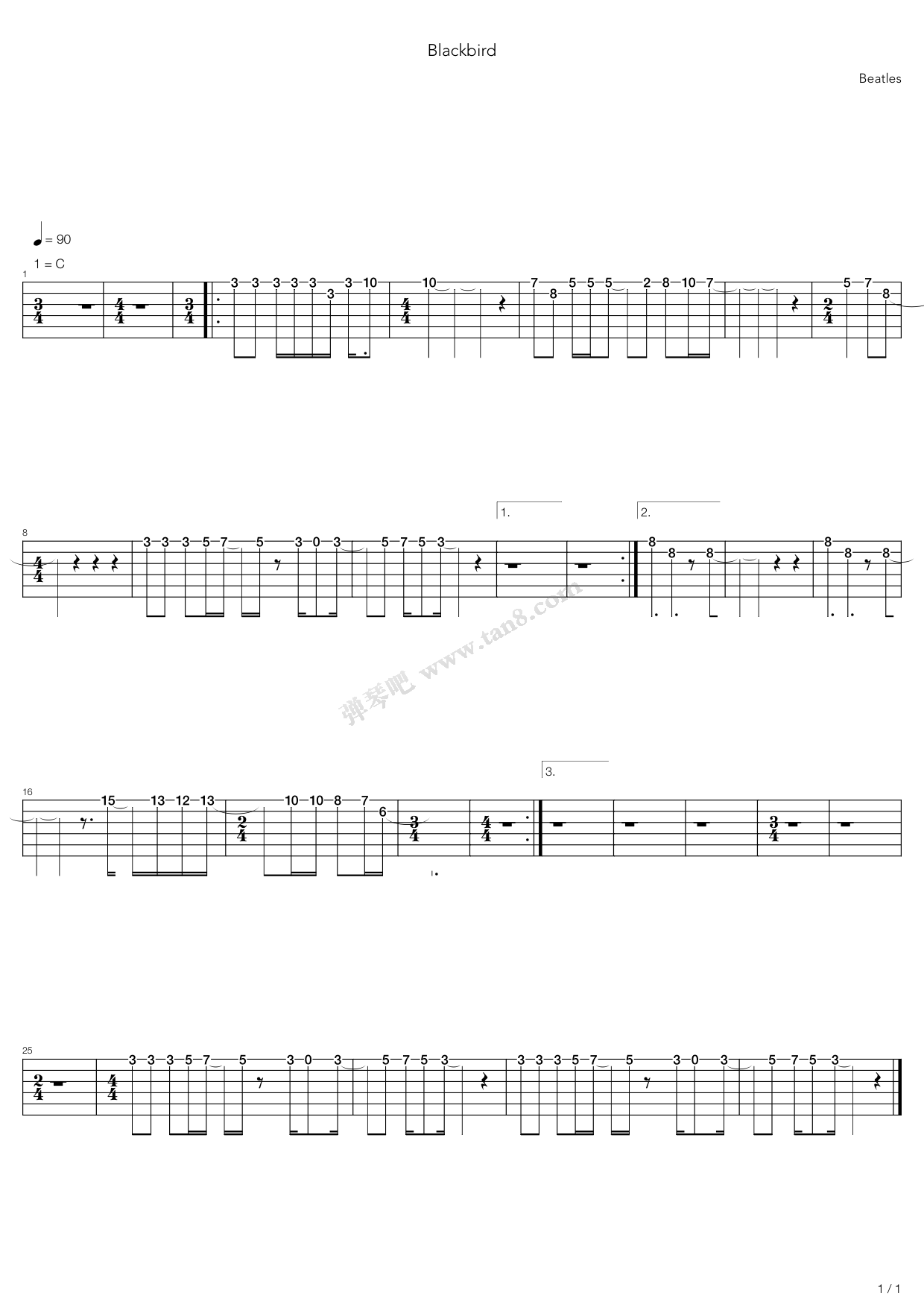 《Blackbird》吉他谱-C大调音乐网