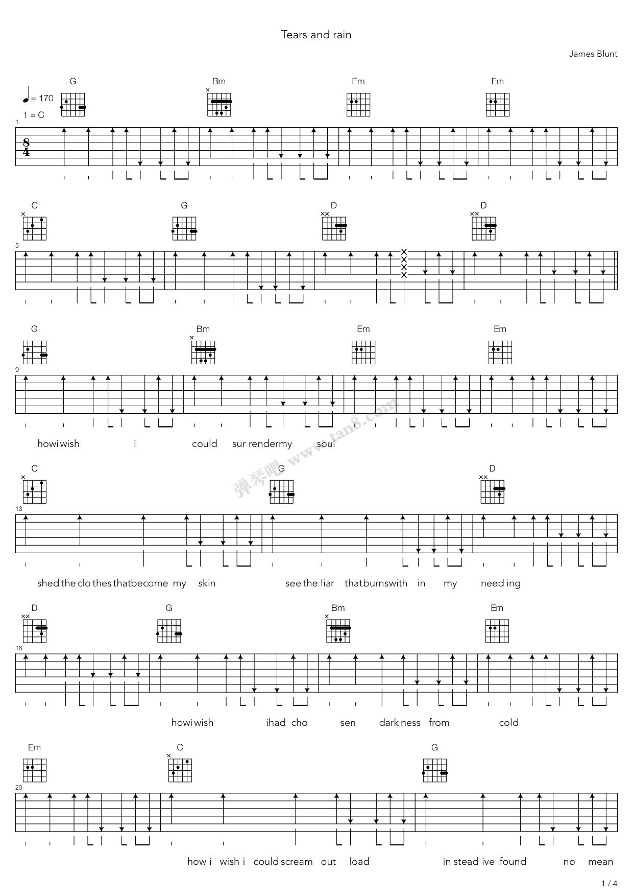 《Tears And Rain》吉他谱-C大调音乐网