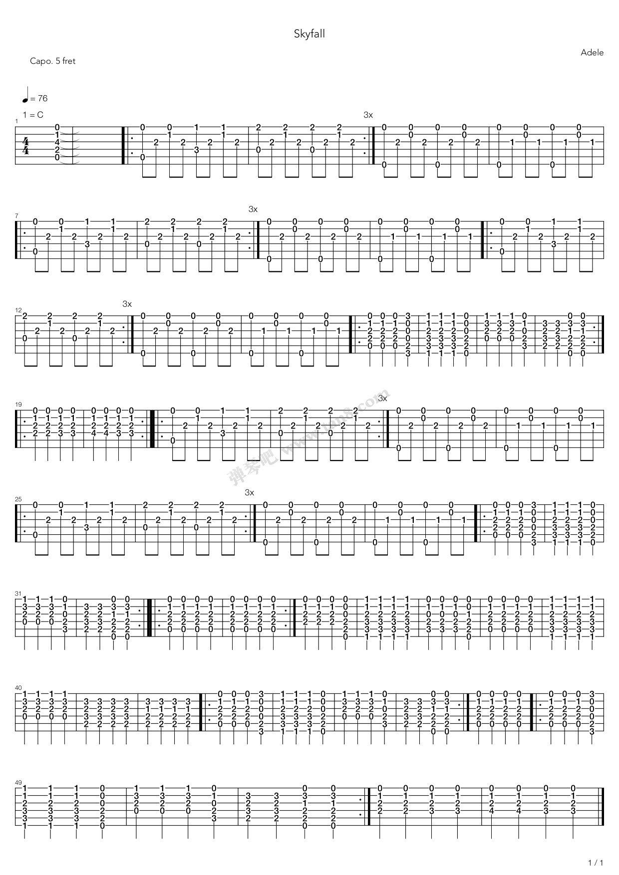 《Skyfall》吉他谱-C大调音乐网