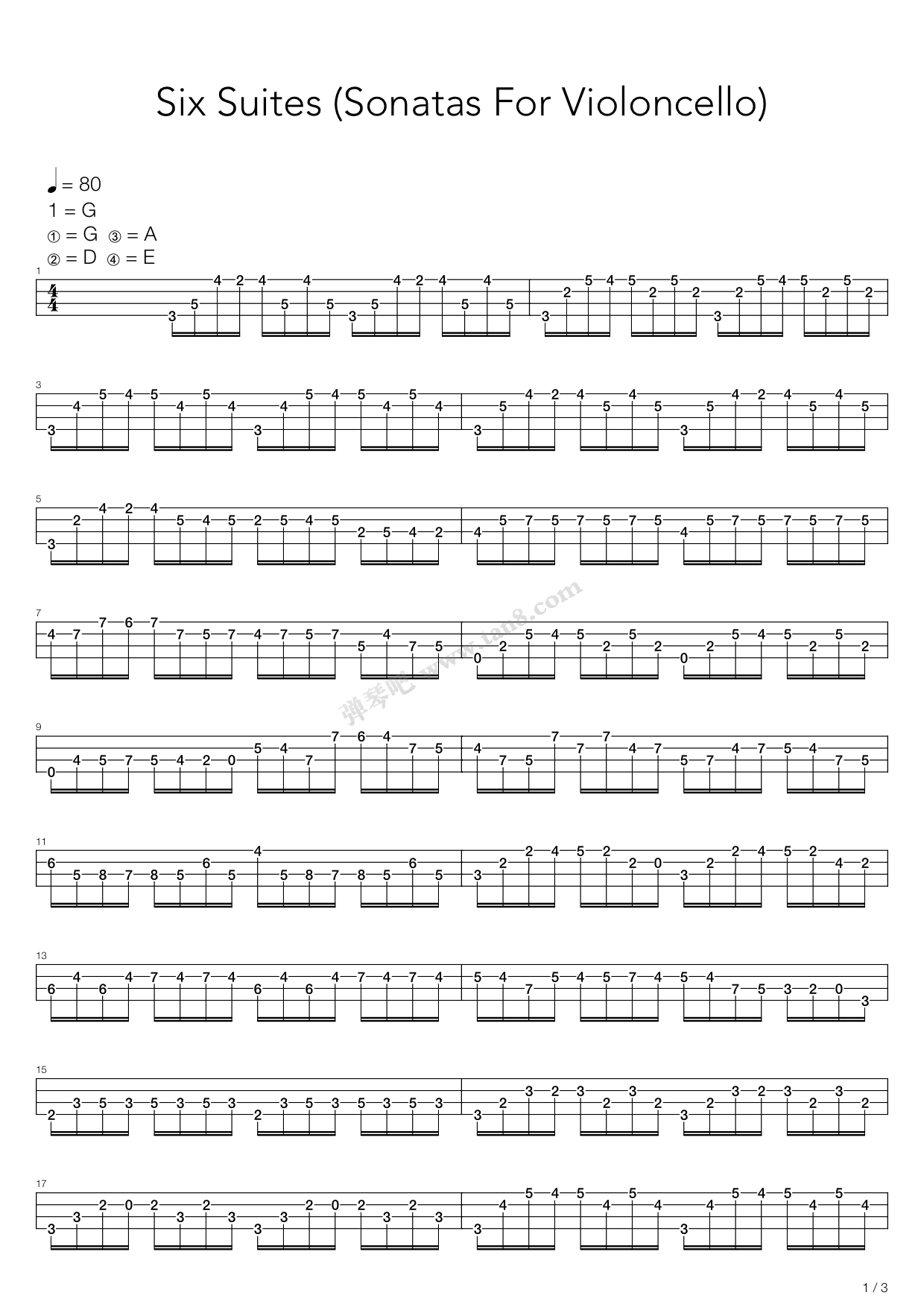 《Cello Suite No 1 In G Major Bwv 1007》吉他谱-C大调音乐网