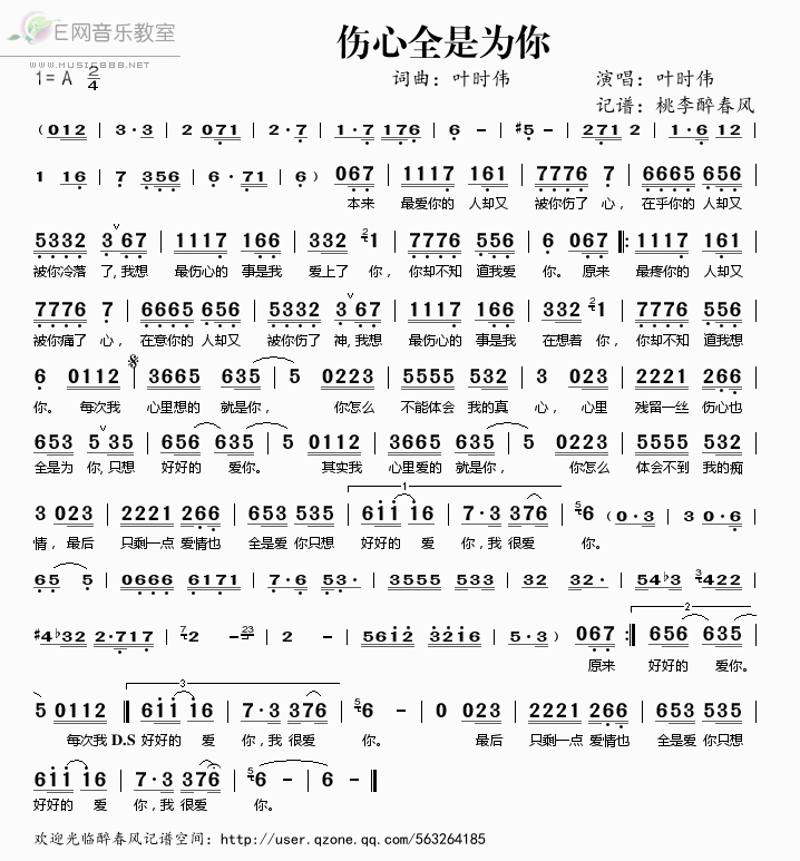 《伤心全是为你——叶时伟（简谱）》吉他谱-C大调音乐网