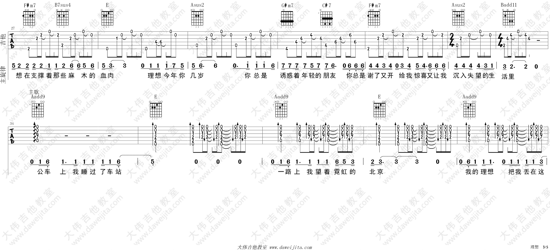 《《理想》吉他弹唱视频教学版本E调》吉他谱-C大调音乐网