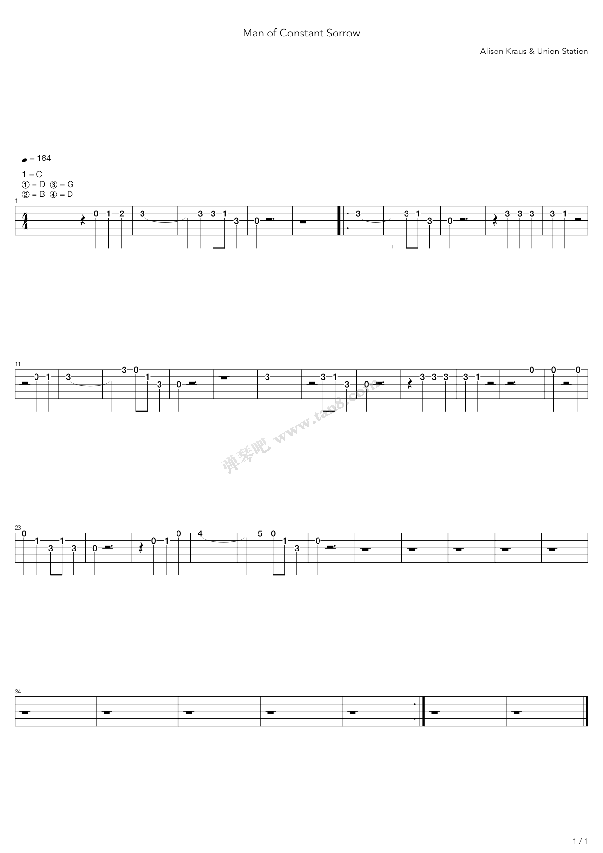 《Man of Constant Sorrow》吉他谱-C大调音乐网