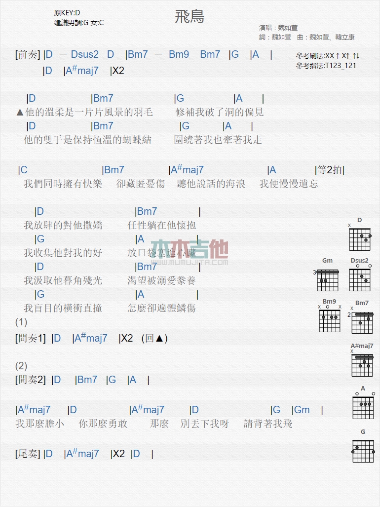 《飞鸟》吉他谱-C大调音乐网