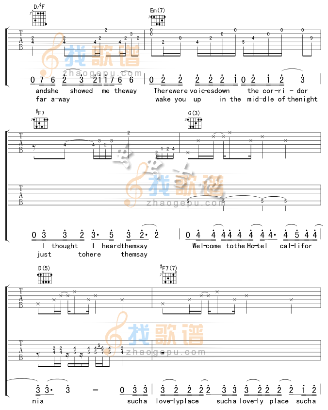 《Hotel California 加州旅馆吉他谱》吉他谱-C大调音乐网